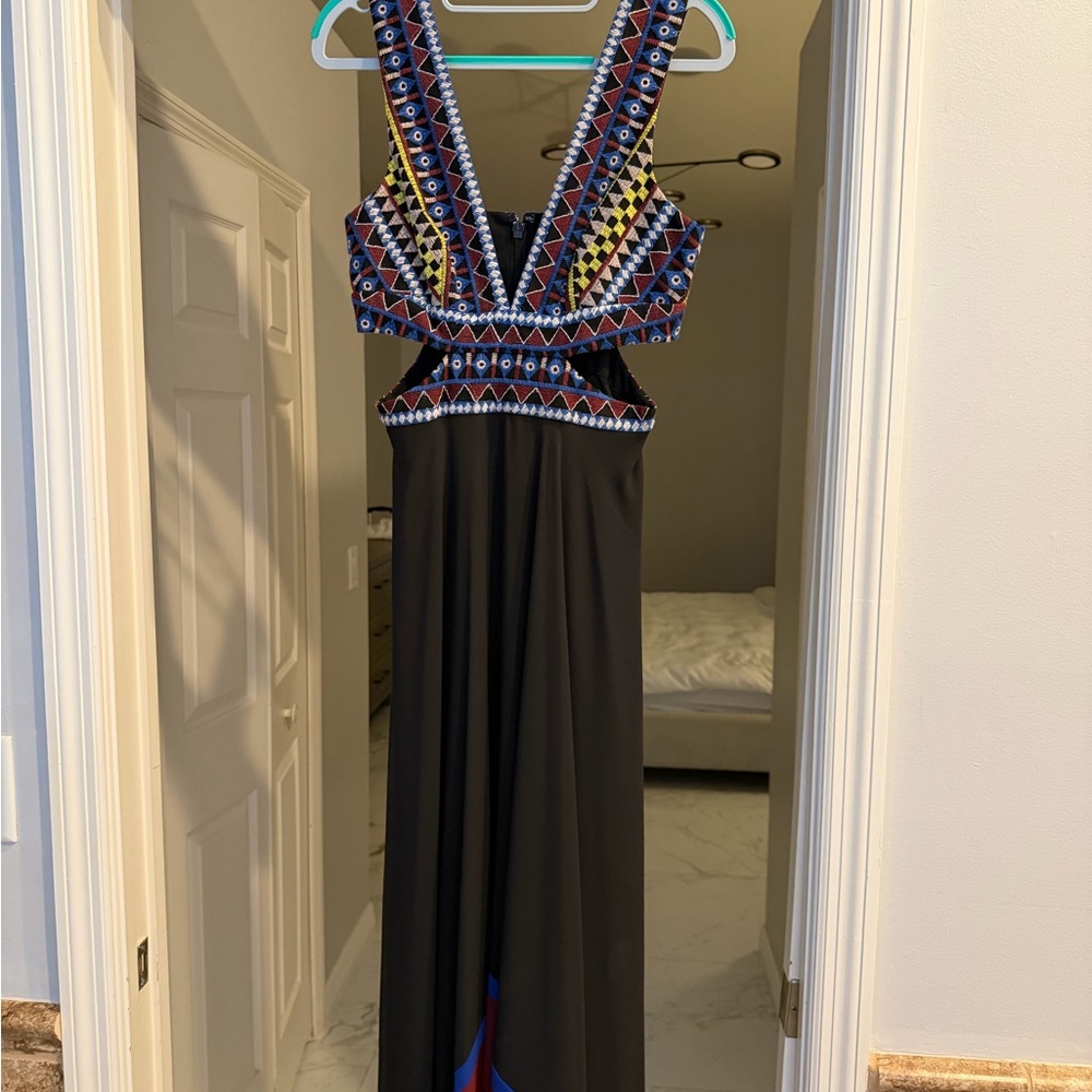 BCBGMaxAzria Black Maxi Dress with Multicolor Embroidered Bodice